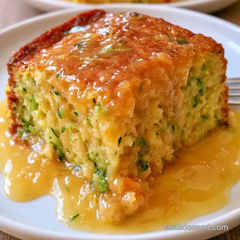 A slice of moist yellow cake with green zucchini flecks on a white ceramic plate, garnished with fresh mint.