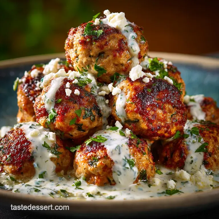 Greek Turkey Meatballs: Lemony Keftedes with Cooling Feta Yogurt Dressing presentation