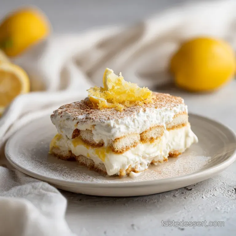 Elegant slice of limoncello tiramisu on a white plate, topped with a dusting of cocoa powder.