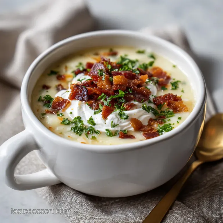 Elegant bowl of steaming potato soup, topped with cheddar, crisp bacon, and fresh green onions, inviting comfort in every ...