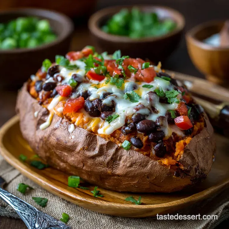 Loaded Vegetarian Baked Sweet Potato with Smoky Chipotle Black Beans presentation