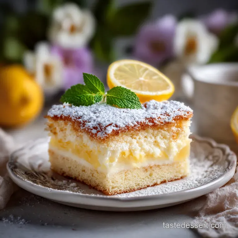 Slice of bright yellow lemon cake on a white plate. Powdered sugar dusting and sprig of mint offer a sweet, refreshing con...