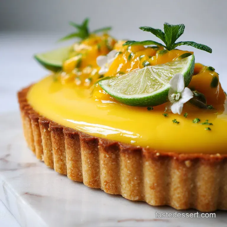 Slice of vibrant yellow mango curd tart on a white plate, garnished with lime zest and a sprig of fresh mint.