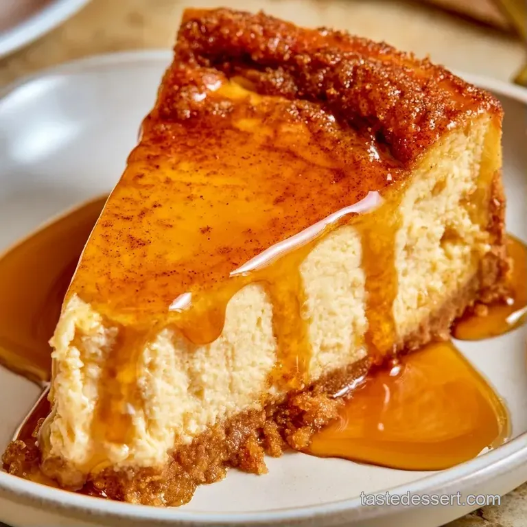 A slice of velvety pale cheesecake topped with a cinnamon dusting and a drizzle of syrup on a minimalist platter.