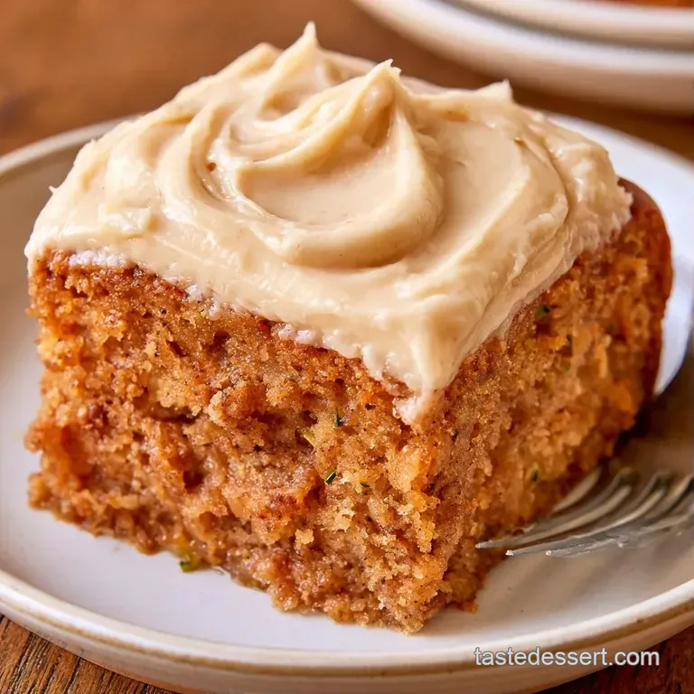 A neat slice of golden-brown cake on a white platter, topped with white frosting and a glossy maple glaze drizzle.