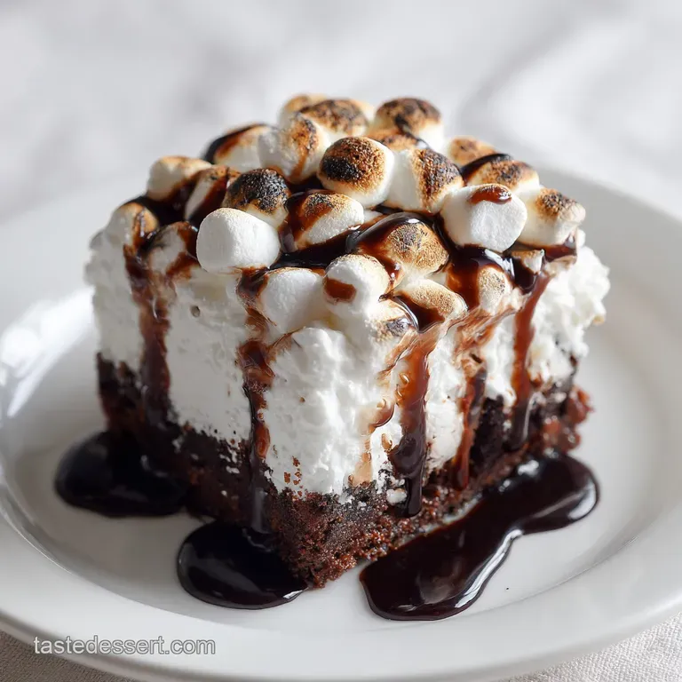 Slice of decadent chocolate cake on a white plate, topped with gooey marshmallows and drizzled with chocolate sauce.