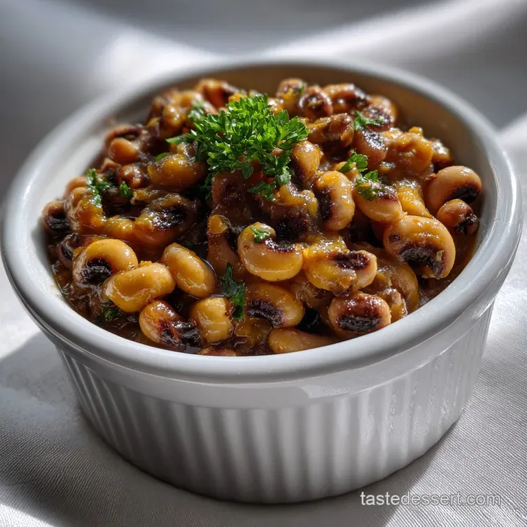 Creamy black-eyed peas artfully spooned onto a white plate, vibrant green parsley garnish. Rustic, yet refined presentatio...