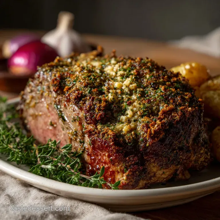 Elegant plate with thinly sliced roast, artistic smear of horseradish cream, and artfully arranged, colorful roasted carro...