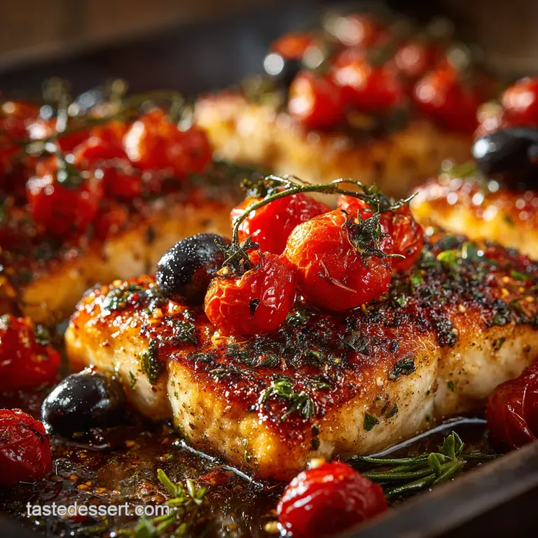Mediterranean Baked Fish with Burst Cherry Tomatoes and Olives presentation