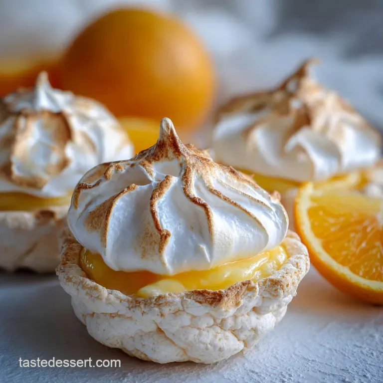 Elegant dessert plate featuring a crispy baked meringue shell filled with glossy citrus curd. Topped with delicate meringu...