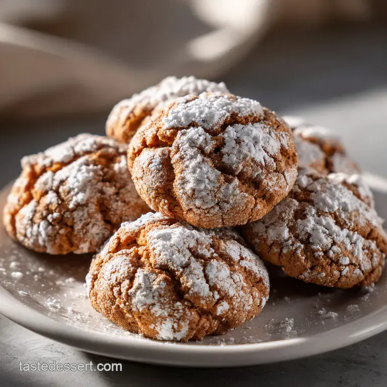 Delicate cinnamon cookies stacked artfully on a rustic plate, sugar glistening under the light. A comforting, simple dessert.