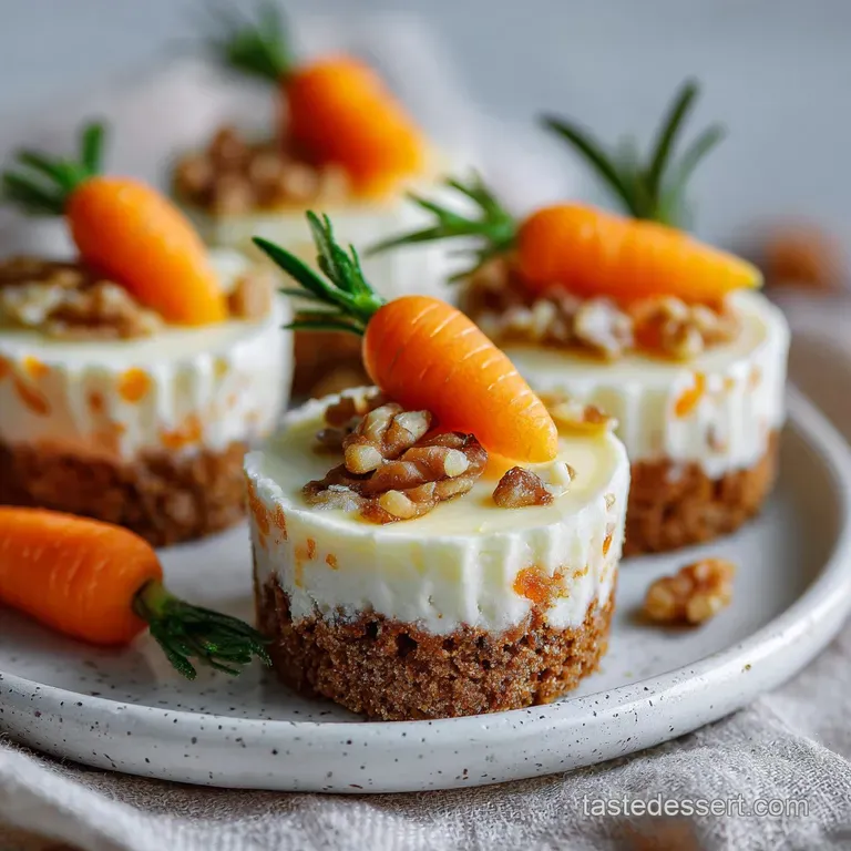 Individual carrot cheesecake on a plate, adorned with candied carrot curls and a dusting of spice. Inviting dessert presen...
