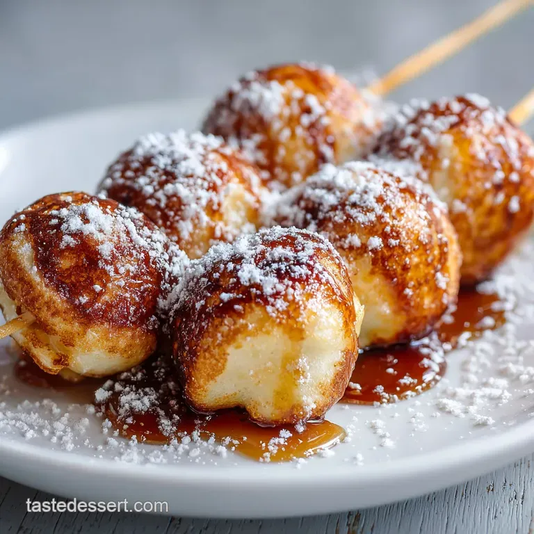 Elegant arrangement of small golden pancake disks and sliced berries on a white plate, dusted with powdered sugar.