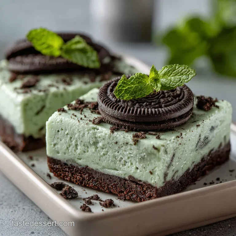A single mint Oreo cheesecake bar dusted with cookie crumbs, served on a white plate with a sprig of fresh mint.