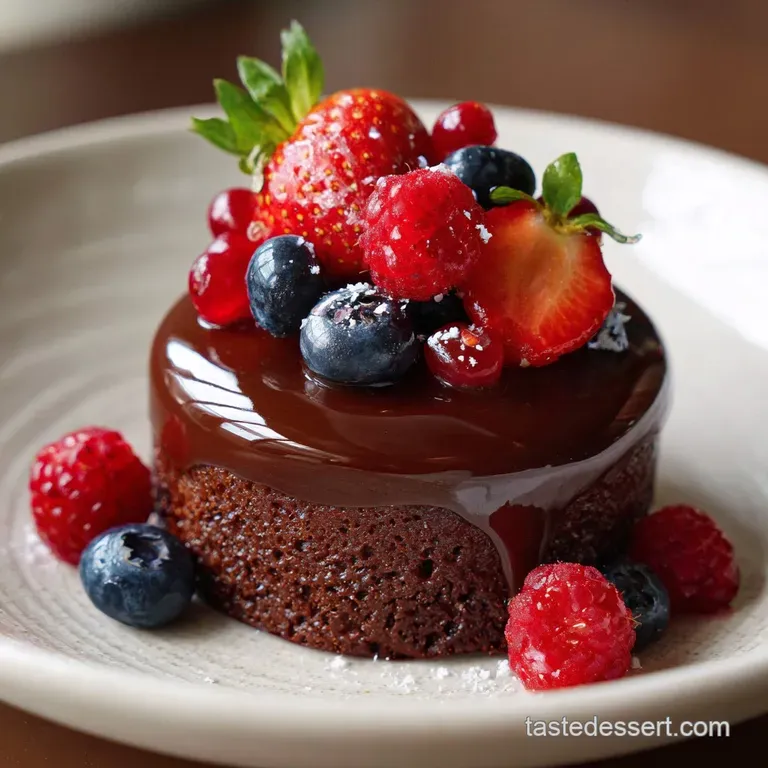 Slice of glossy mirror glaze cake reveals layers of creamy mousse. Garnished with edible silver leaf on a white plate.