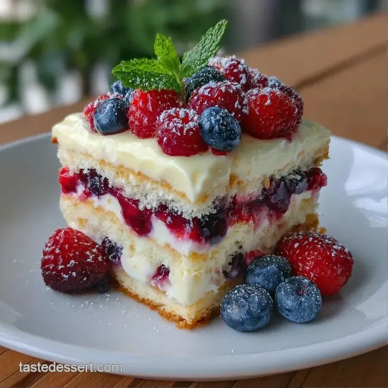 A tall glass flute showing distinct layers of snowy white cake, velvety cream, and bright, glossy fresh berries.