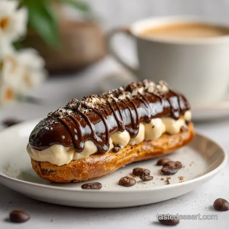 Mocha &eacute;clair on a white plate: dark chocolate stripes, delicate coffee cream filling. Elegantly sweet and airy, fresh out ...