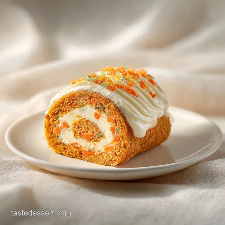 A slice of carrot cake roll sits plated, its creamy filling a stark contrast to the spiced cake. Powdered sugar dusts the ...