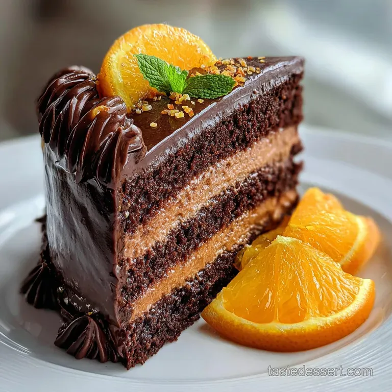 Slice of moist chocolate orange cake with creamy layers on a white plate. Zesty orange garnish and powdered sugar finish.