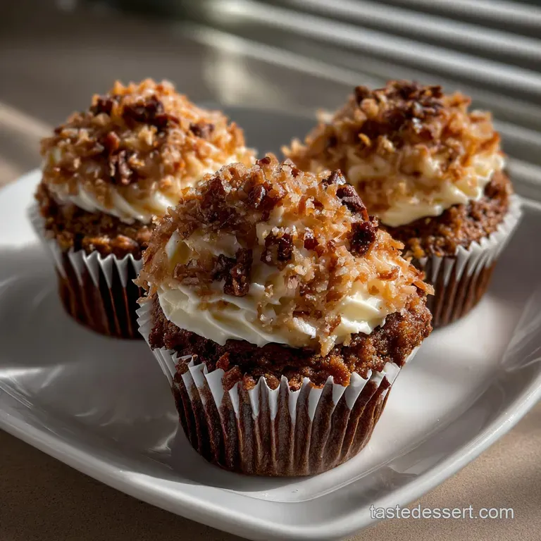Three cupcakes artfully arranged on a dessert stand, showcasing the moist chocolate cake and contrasting creamy frosting; ...