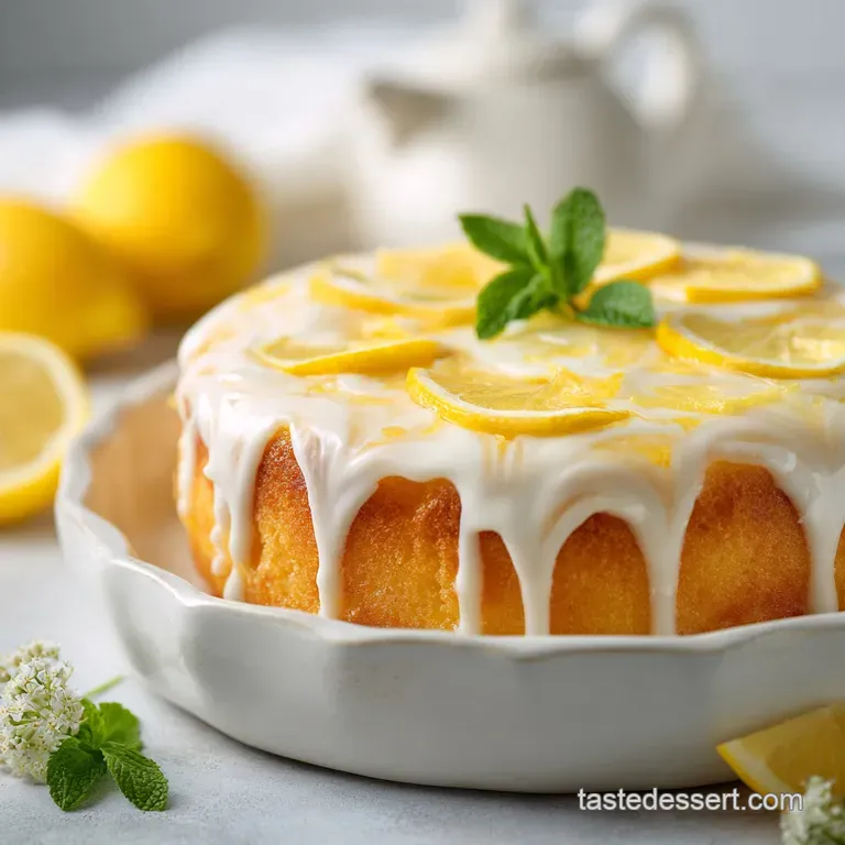 A slice of moist lemon cake reveals a tender crumb, served with a dollop of whipped cream.