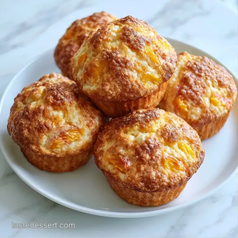 A trio of moist muffins on a white ceramic plate, garnished with fresh peach slices and a sprig of mint.