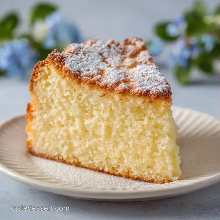 Golden cake slices arranged on a ceramic platter, garnished with bright red strawberries and powdered sugar.