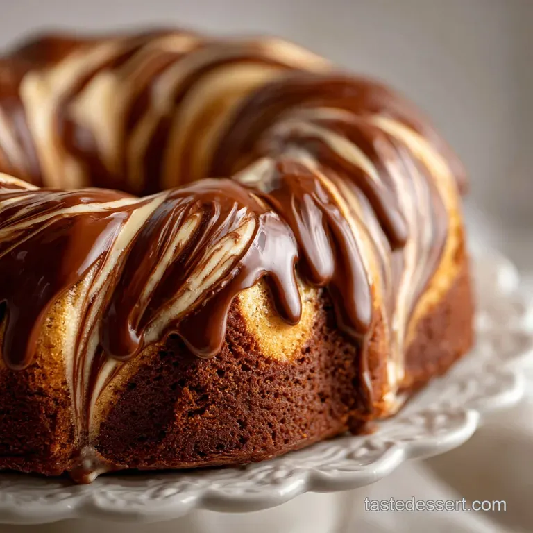 Slice of frosted bundt cake on a white plate. Chocolate ribbons, smooth mousse, & fresh raspberry garnish hint at decadent...