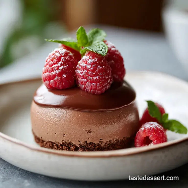 Elegant chocolate raspberry mousse dome plated with berry sauce and a sprig of mint, showcasing smooth texture and rich co...