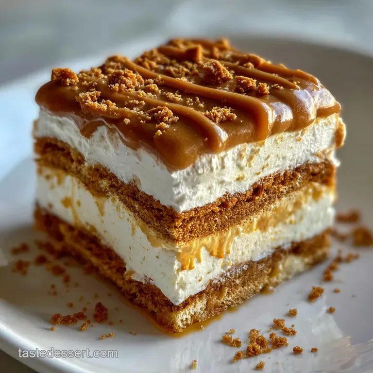 Elegant slice of layered Biscoff dessert, showcasing the creamy filling and cookie layers on a white plate.