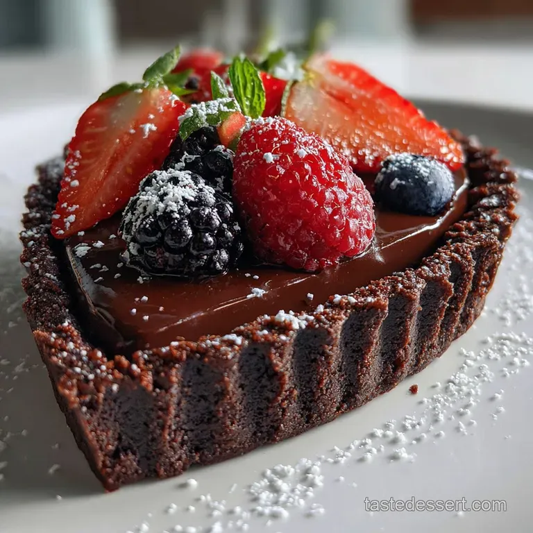 A slice of rich chocolate tart on a white plate, dusted with cocoa powder. Decadent and smooth, ready to eat.