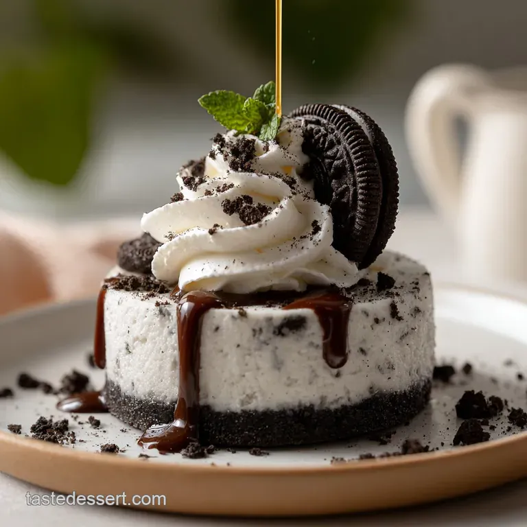 Slice of Oreo cheesecake with whipped cream: dark cookie base, rich filling, creamy white topping. Sweet dessert heaven.