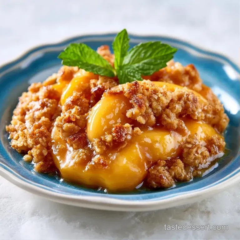 A glass bowl of diced peaches topped with golden crumbs, served with a scoop of melting vanilla ice cream on top.