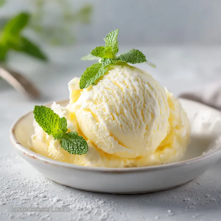 Elegant scoop of snow-white coconut ice cream in a glass bowl, garnished with toasted coconut flakes and a sprig of fresh ...