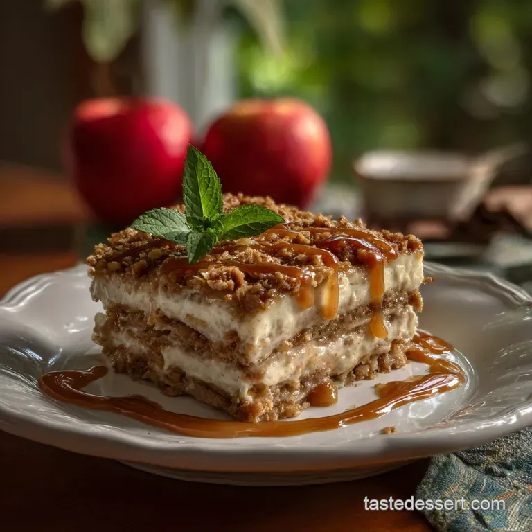 Slice of layered apple dessert on a white plate, revealing creamy layers and a textured oat topping, drizzled with caramel...