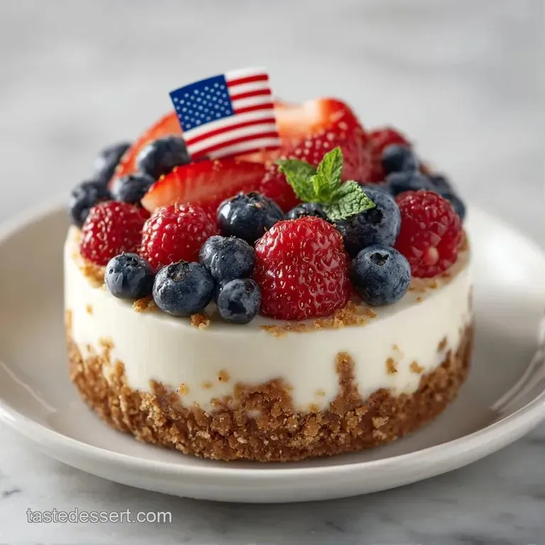 Slices of smooth white cheesecake topped with red berries and blueberries, arranged on a clean white ceramic platter.