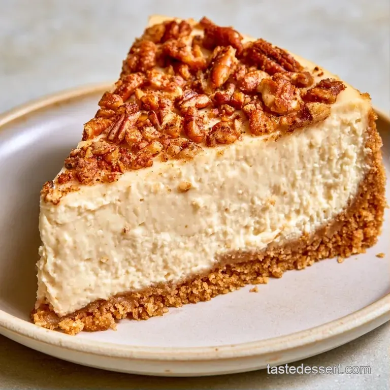 A slice of orange-hued cheesecake on a white plate, garnished with a dollop of whipped cream and a cinnamon stick.