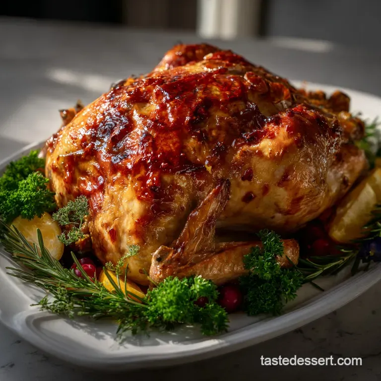 Golden-brown turkey with incredibly crispy skin, garnished with fresh herbs and beautifully plated for a festive Thanksgiv...