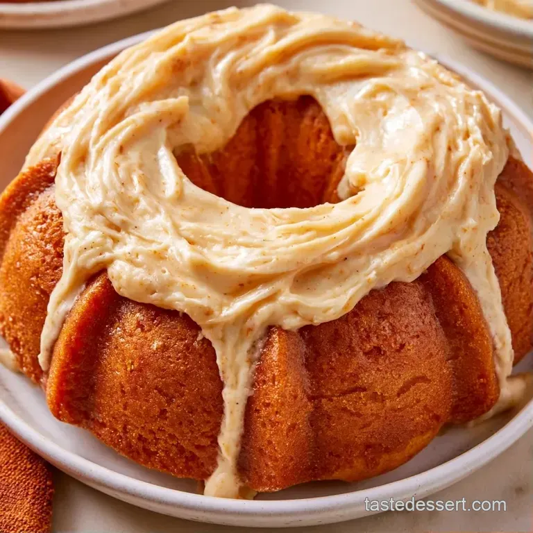 Ring-shaped orange spice cake topped with creamy white frosting swirls, presented on a sleek white porcelain plate.