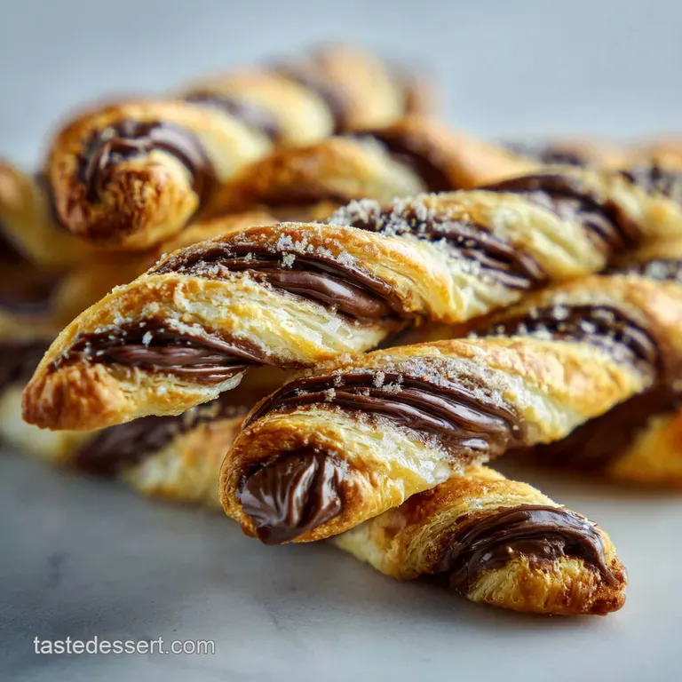 Two golden-brown Nutella pastry twists on a white plate. Flaky layers glisten; powdered sugar dusts the surface. Elegant a...