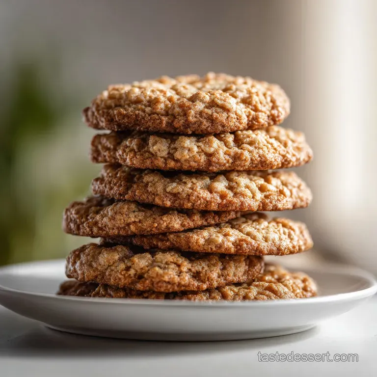 Stack of warm oatmeal cookies with slightly crisp edges, alongside a glass of cold milk. A comforting, classic treat.