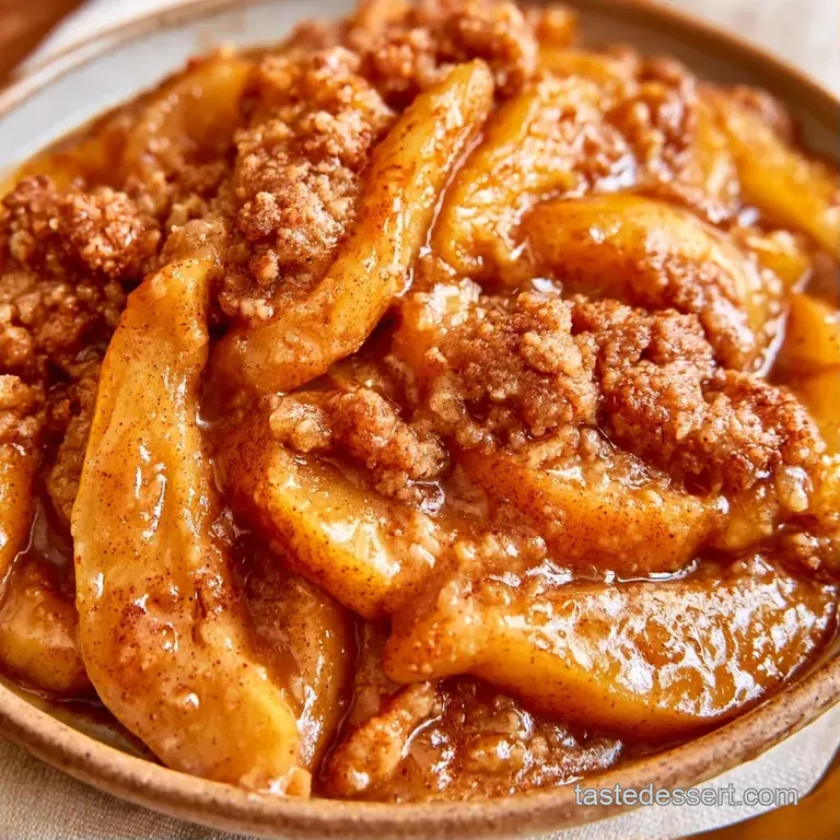 A portion of warm, bubbly fruit crumble on a white plate, topped with a scoop of melting vanilla bean ice cream.