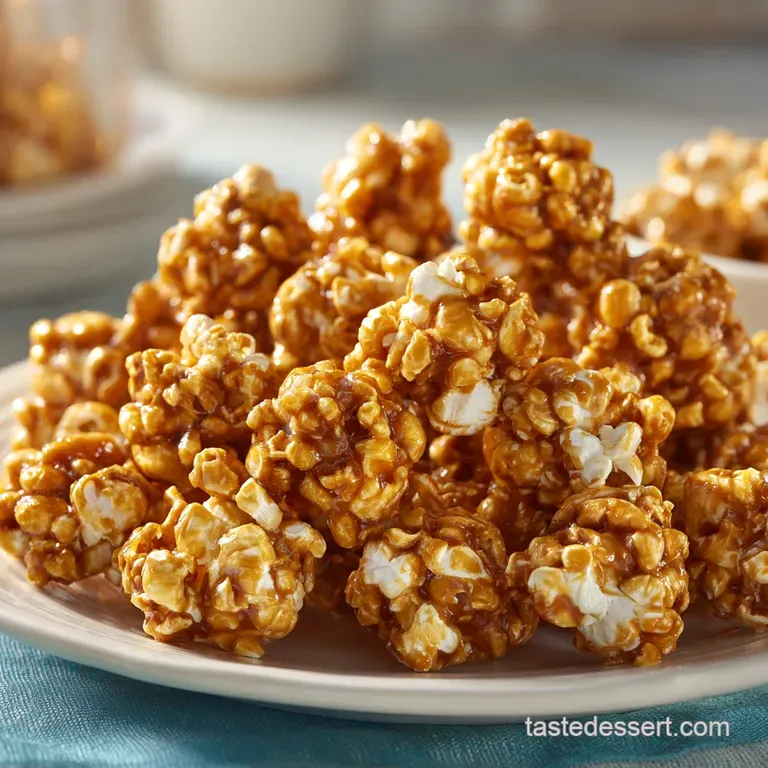 Three glossy popcorn balls stacked neatly on a white ceramic plate, drizzled with melted chocolate and mint leaves.