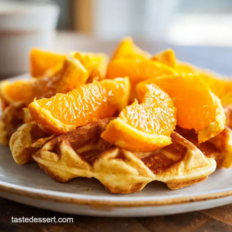 Crispy golden waffles on a ceramic plate, garnished with fresh orange slices and a light dusting of cinnamon.