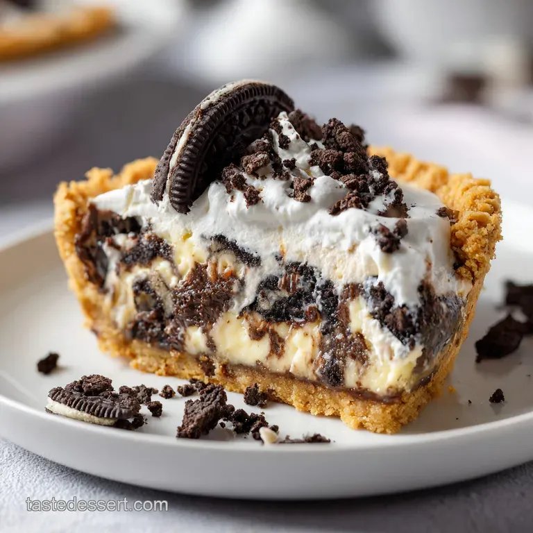 Wedge of warm cookie pie on a white plate, speckled with Oreo crumbs. Melty, gooey chocolate oozes from the center; entici...