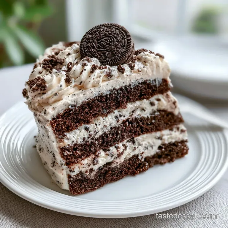 A slice of layered white and dark cocoa cake on a ceramic plate, drizzled with chocolate and a fresh mint leaf.