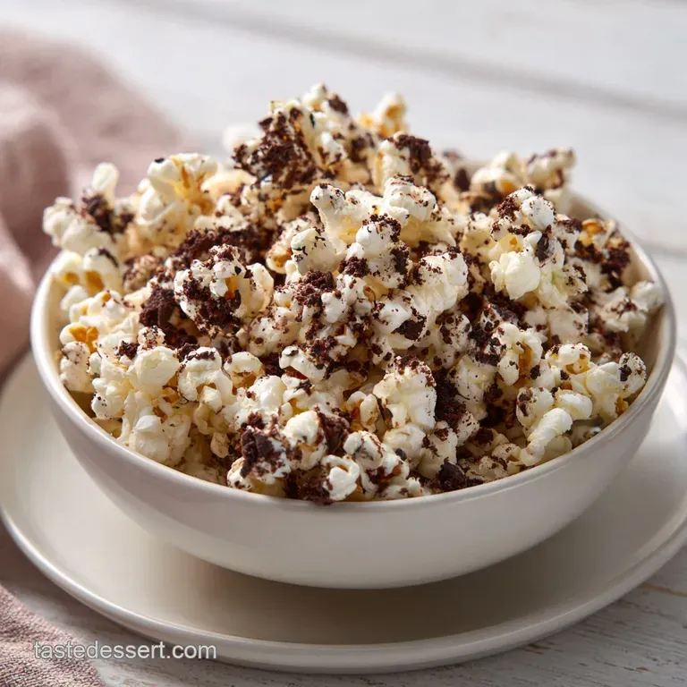 White chocolate glazed popcorn piled high in a glass bowl, accented by dark cookie chunks and soft ambient lighting.