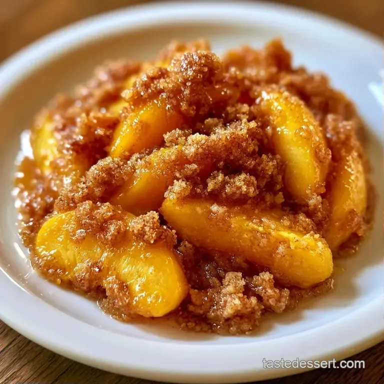Elegant plating of warm, caramelized peaches with a dollop of melting vanilla cream on a minimalist ceramic plate.