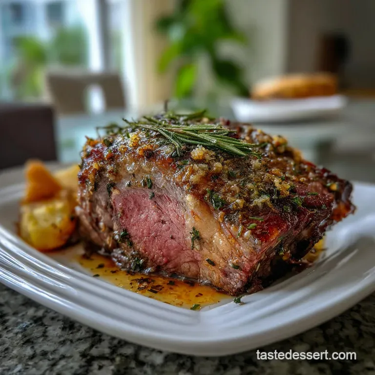 Thick, juicy slices of prime rib fanned out on a white plate, showcasing a tender, pink interior, garnished with fresh herbs.