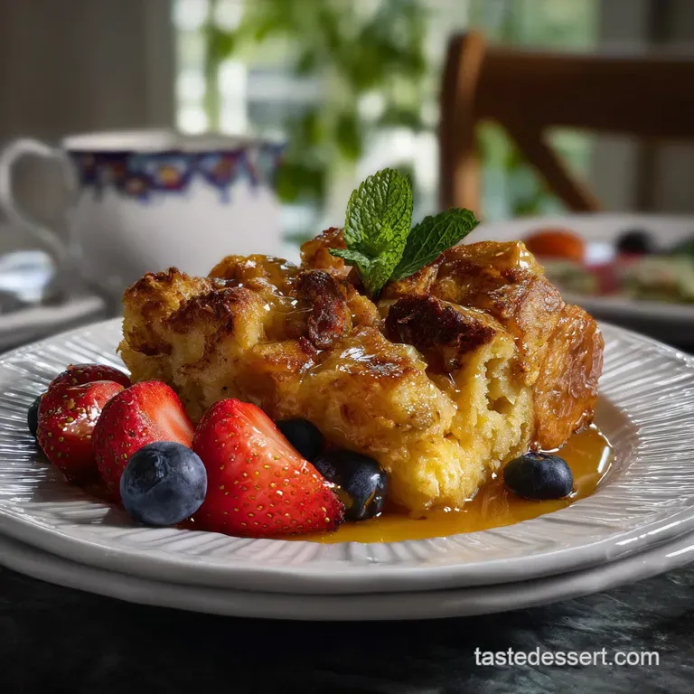 Thick slices of French toast casserole artfully plated with fresh fruit, drizzled maple syrup, and a dusting of cinnamon, ...